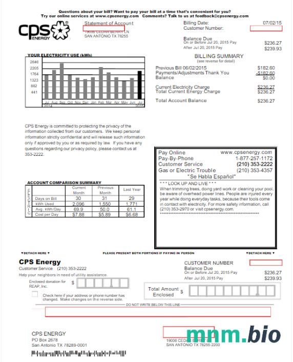 USA CPS ENERGY rachunek za media Word i szablon PDF